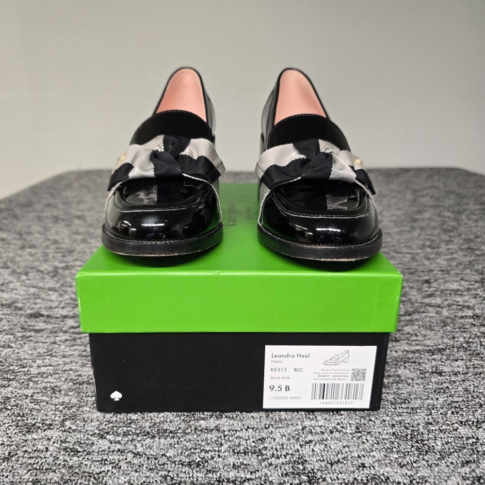 Kate Spade Leandra Heel Loafers Women's 9.5 B Black Bow Accent Leather KE313
